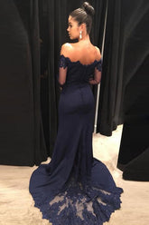 Navy Off the Shoulder Long Sleeves Mermaid Long Prom Dresses Party Dresses